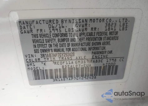 2016 Nissan Sentra Fe+ S/S/Sl/Sr/Sv from USA, damaged, VIN 3N1AB7AP7GY292428